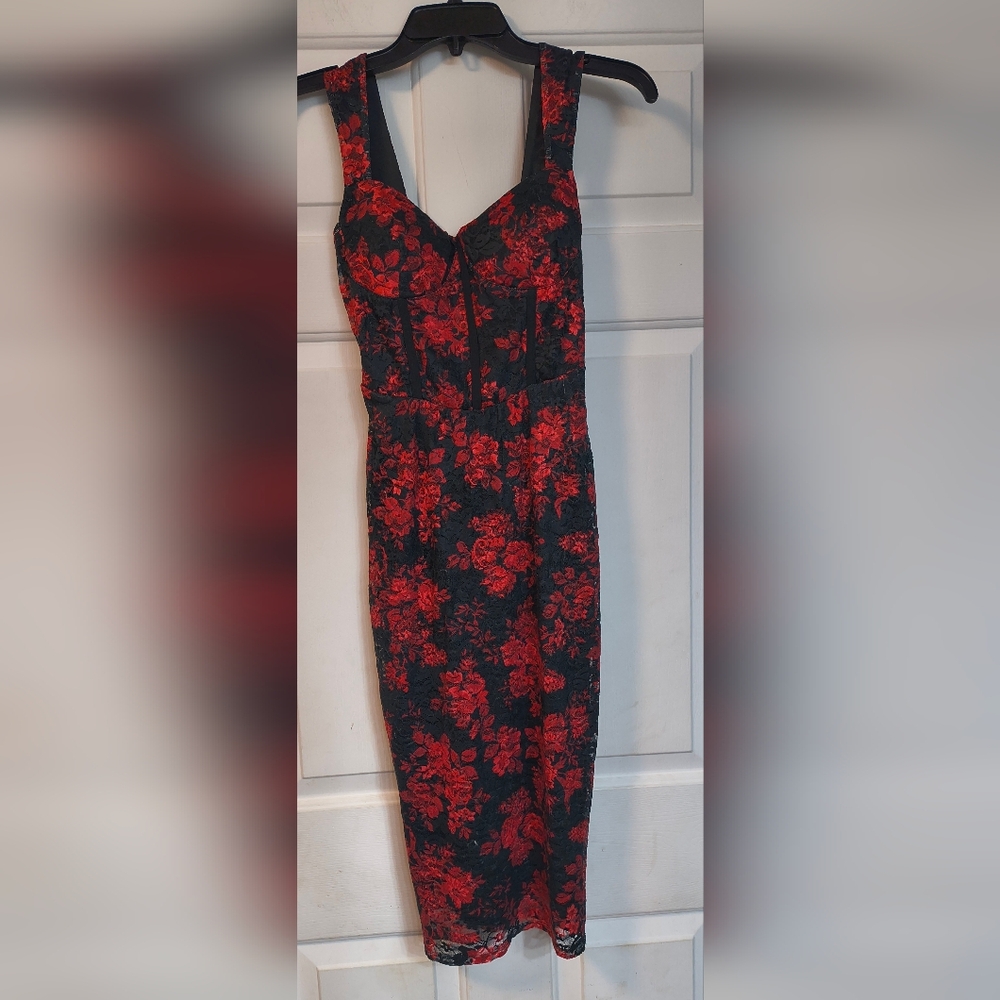 Derek Heart Red Black Floral Sleeveless Lace Mini Dress Bodycon Party Dance